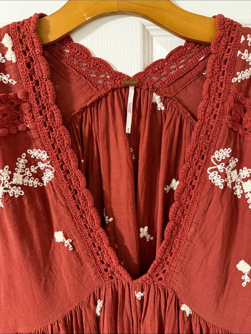 Bohemian Long-Sleeve Embroidered Maxi Dress — Rust with White Accents - Picture 2 of 7